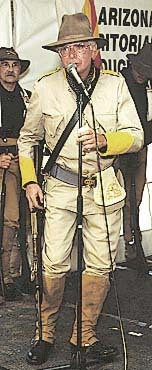 C.S. Fly in Rough Rider uniform speaking at Winter Range