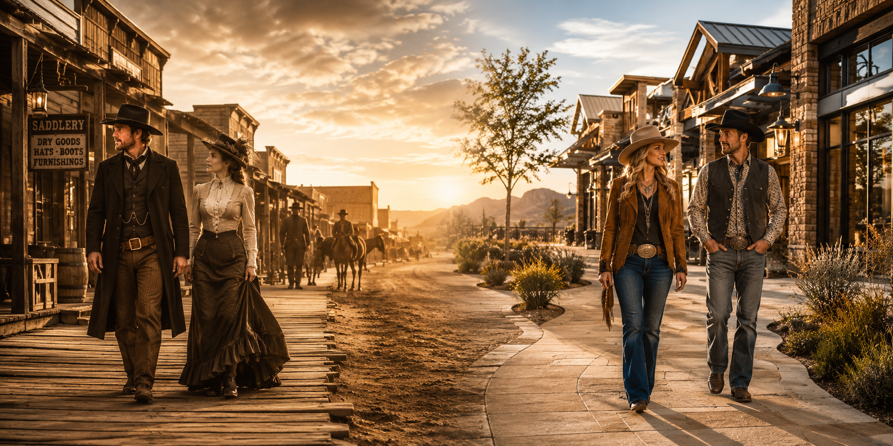 An 1880s couple walking a wooden boardwalk on the left and a present-day Western couple on the right, at sunset